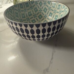 Rare find: Crate and Barrel bowl…black, white, and blue patterned bowl.
